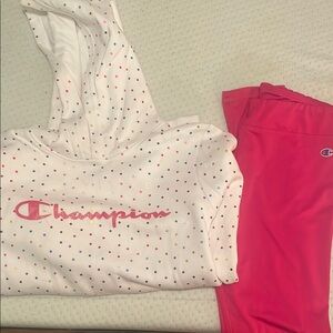 Champion White Hoodie with Colorful Dots and Pink Leggings